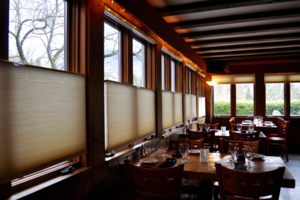 EcoSmart Insulating Cellular Shades Shown: Cordless Double Cell Top Down/Bottom Up Location: Hearth and Candle Restaurant at Smuggler's Notch Resort